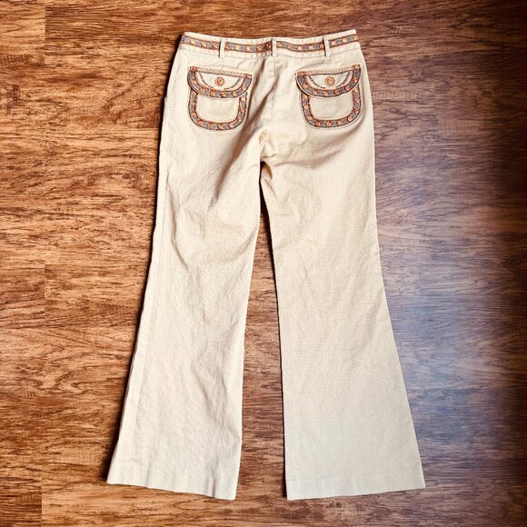 Tory Burch Khaki Orange Embroidered Embellished Flare Leg Pants Size 10 - Picture 1 of 7